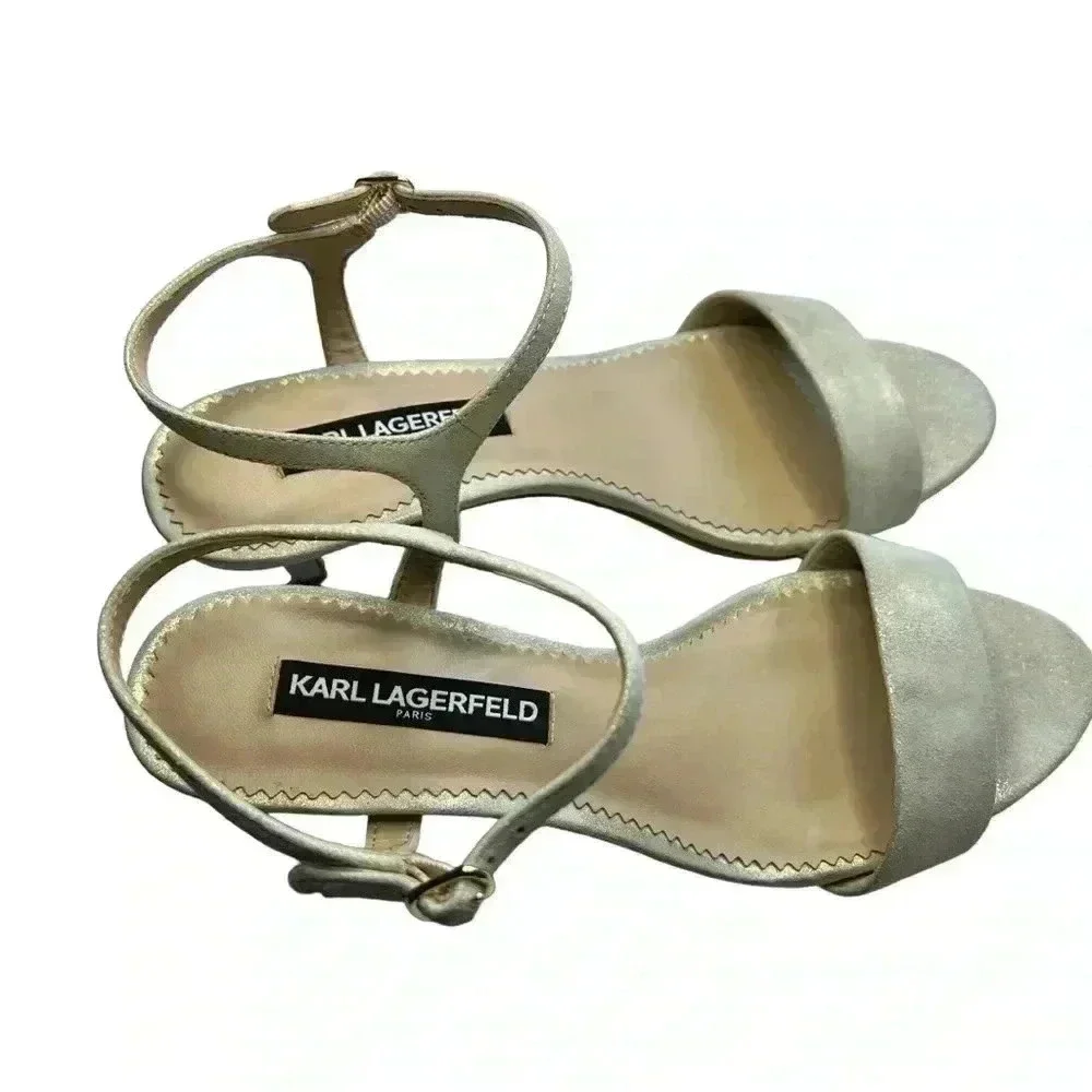 Lagerfeld Paris Women's Ankle Strap Heeled Sandal •Sparkly Gold•Size 8.5•
